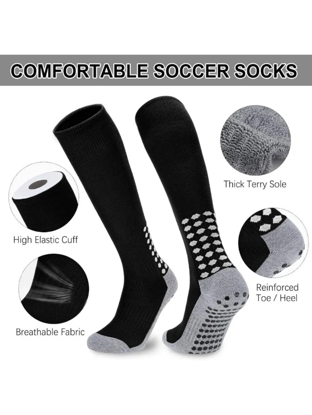 Youth Non-Slip Knee High Soccer Socks - 3 Pairs for Boys & Girls, Ages 8-17